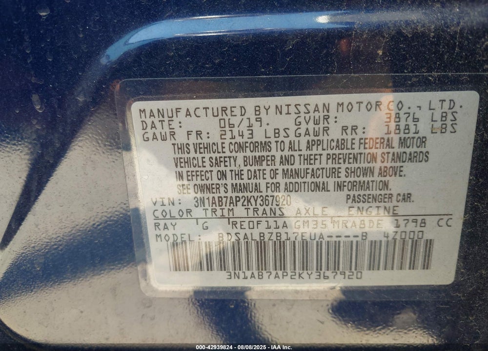 2019 NISSAN SENTRA VIN: 3N1AB7AP2KY367920