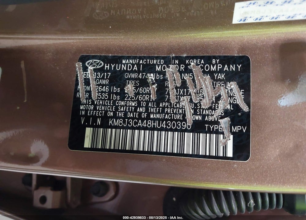 2017 HYUNDAI TUCSON VIN: KM8J3CA48HU430390