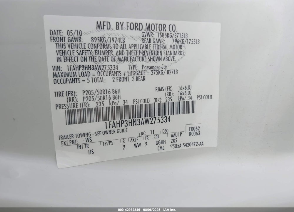 2010 FORD FOCUS SEL VIN: 1FAHP3HN3AW275334