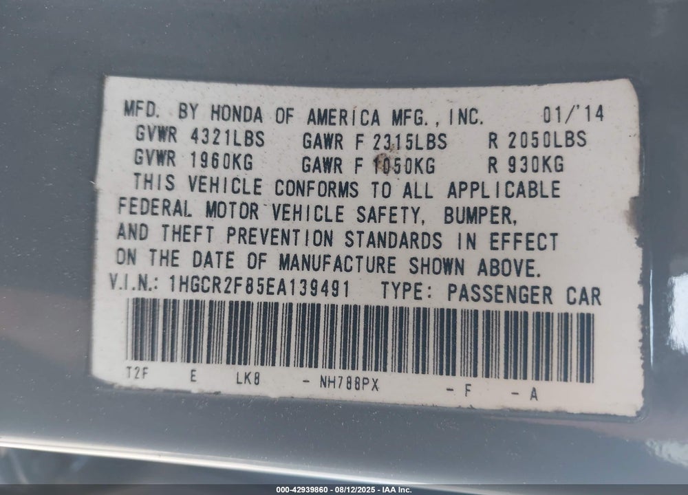 2014 HONDA ACCORD VIN: 1HGCR2F85EA139491