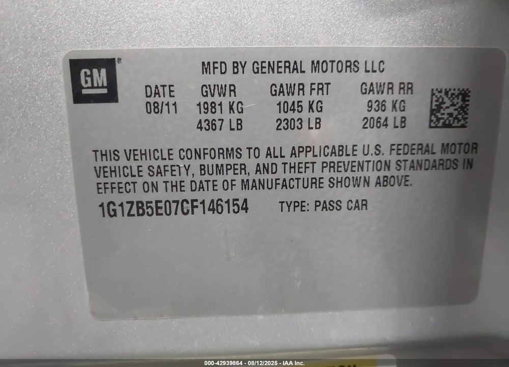 2012 CHEVROLET MALIBU VIN: 1G1ZB5E07CF146154