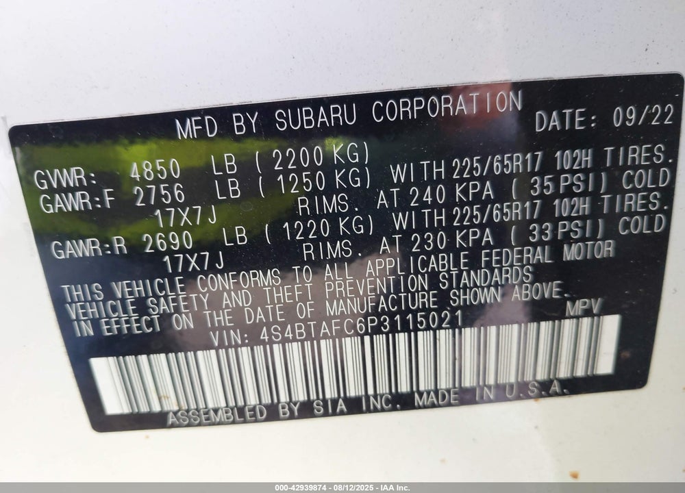2023 SUBARU OUTBACK PREMIUM VIN: 4S4BTAFC6P3115021