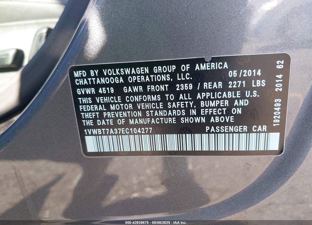 2014 VOLKSWAGEN PASSAT VIN: 1VWBT7A37EC104277