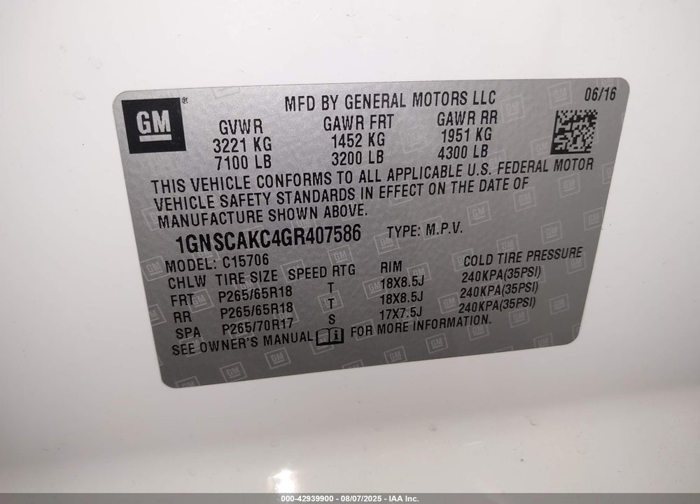 2016 CHEVROLET TAHOE VIN: 1GNSCAKC4GR407586