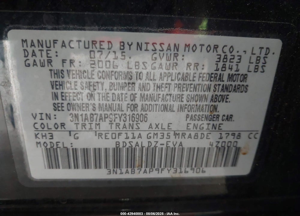 2015 NISSAN SENTRA VIN: 3N1AB7AP9FY316906