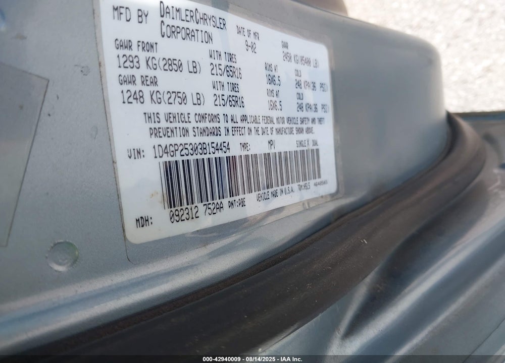 2003 DODGE CARAVAN SE VIN: 1D4GP25303B154454