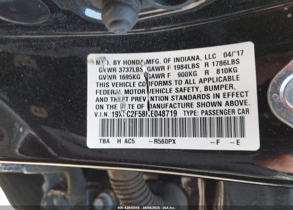 2017 HONDA CIVIC VIN: 19XFC2F58HE048719