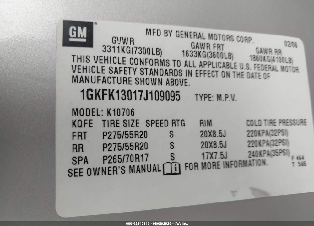 2007 GMC YUKON VIN: 1GKFK13017J109095