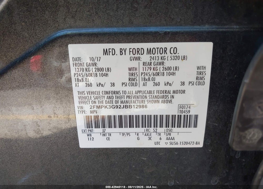 2018 FORD EDGE VIN: 2FMPK3G92JBB12986