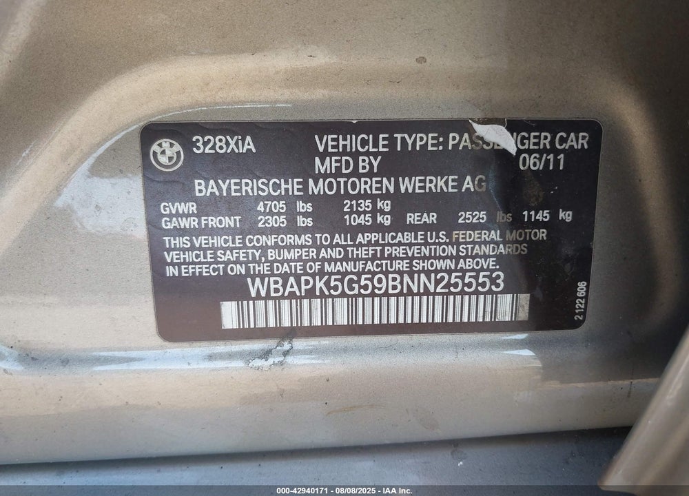 2011 BMW 328I XDRIVE VIN: WBAPK5G59BNN25553