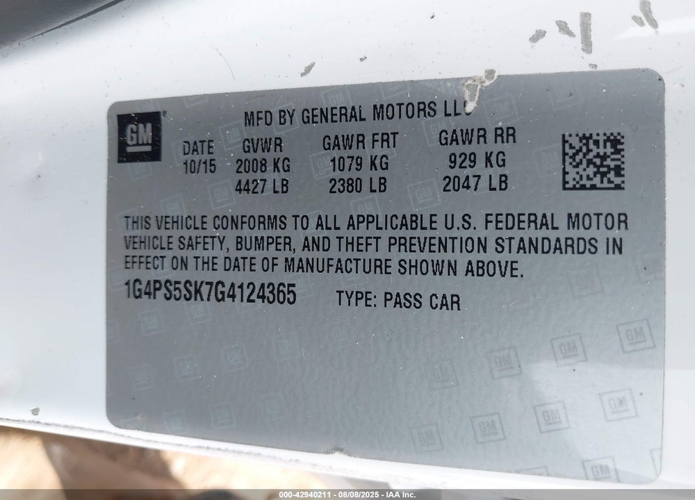 2016 BUICK VERANO VIN: 1G4PS5SK7G4124365
