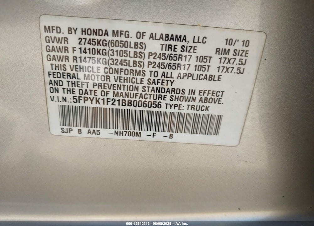 2011 HONDA RIDGELINE VIN: 5FPYK1F21BB006056