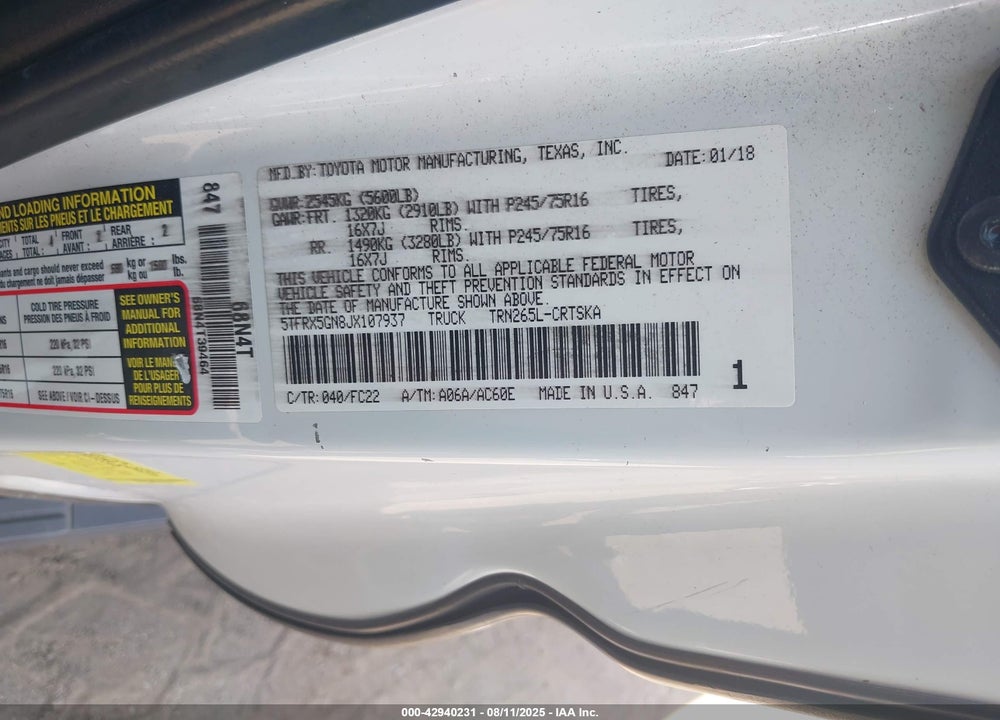 2018 TOYOTA TACOMA VIN: 5TFRX5GN8JX107937