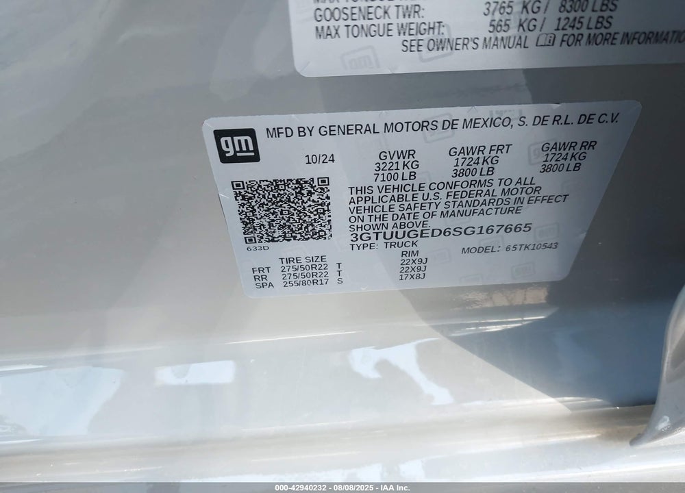 2025 GMC SIERRA 1500 4WD SHORT BOX DENALI VIN: 3GTUUGED6SG167665