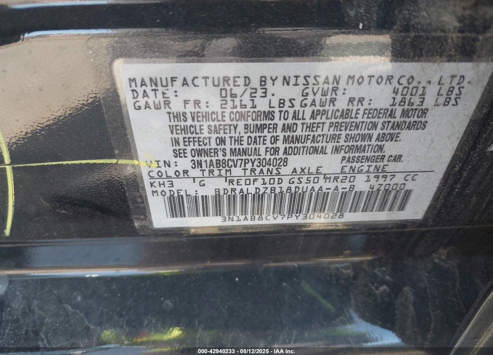 2023 NISSAN SENTRA VIN: 3N1AB8CV7PY304028