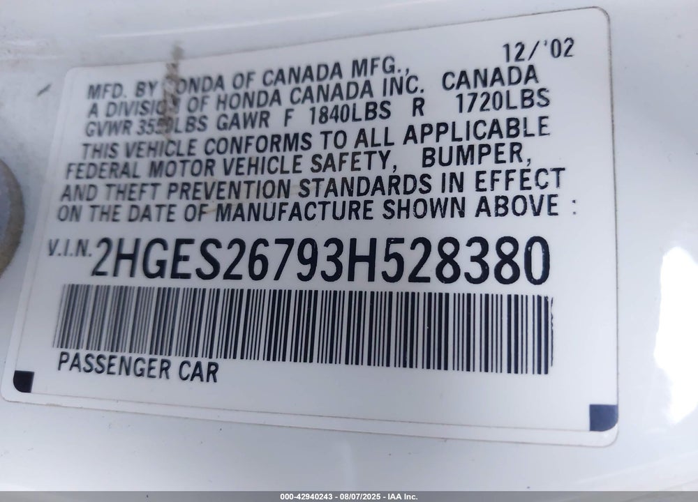 2003 HONDA CIVIC EX VIN: 2HGES26793H528380