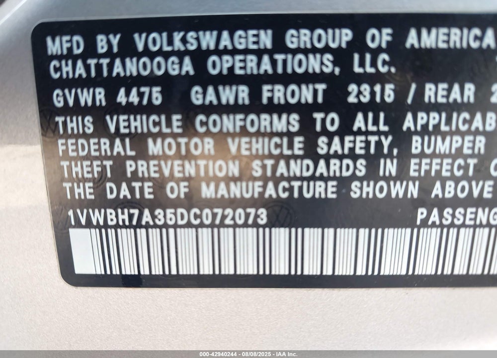 2013 VOLKSWAGEN PASSAT 2.5L SE VIN: 1VWBH7A35DC072073