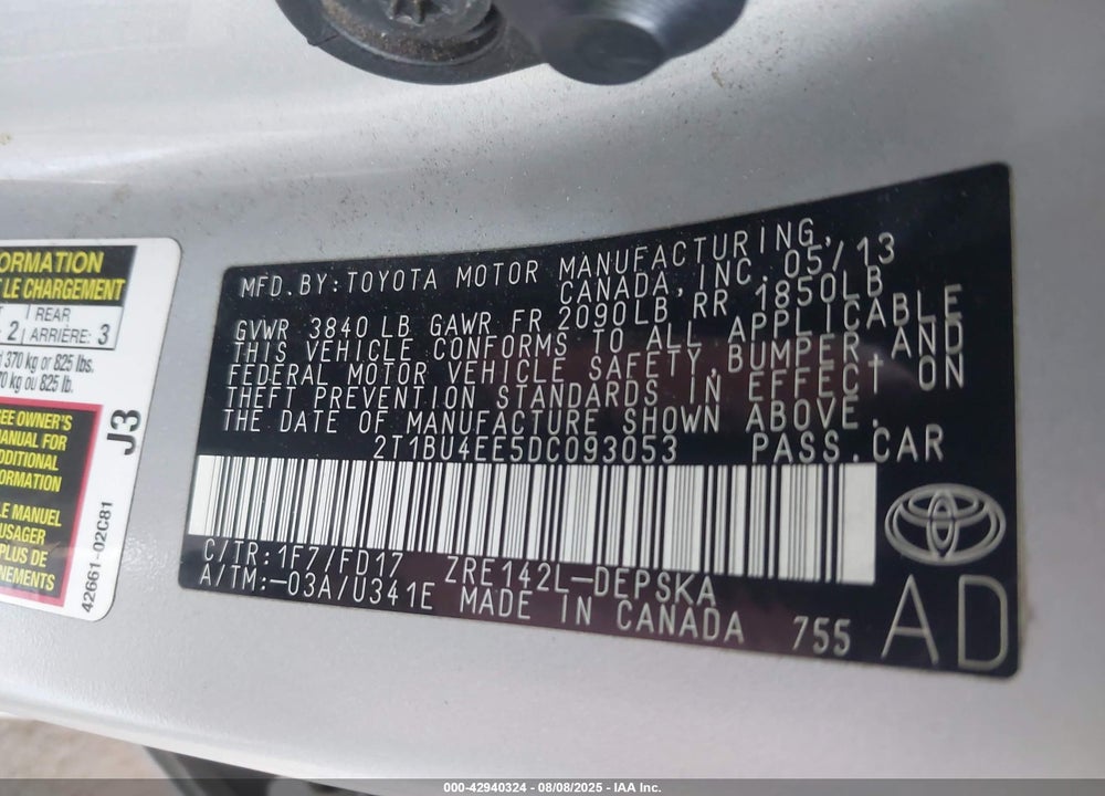 2013 TOYOTA COROLLA VIN: 2T1BU4EE5DC093053