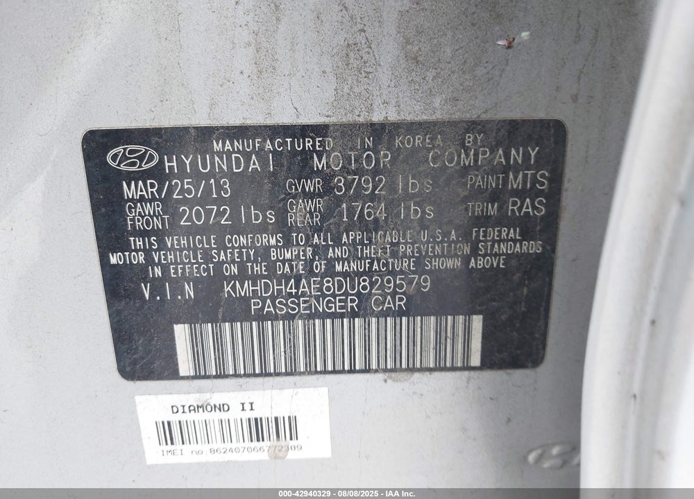 2013 HYUNDAI ELANTRA VIN: KMHDH4AE8DU829579