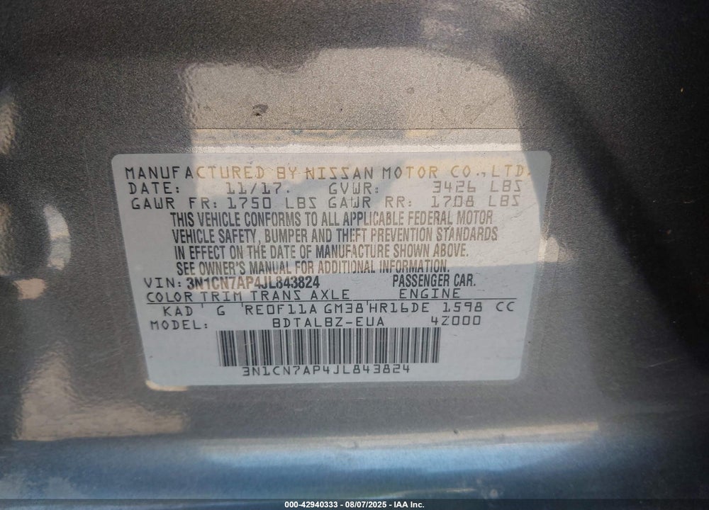 2018 NISSAN VERSA 1.6 SV VIN: 3N1CN7AP4JL843824