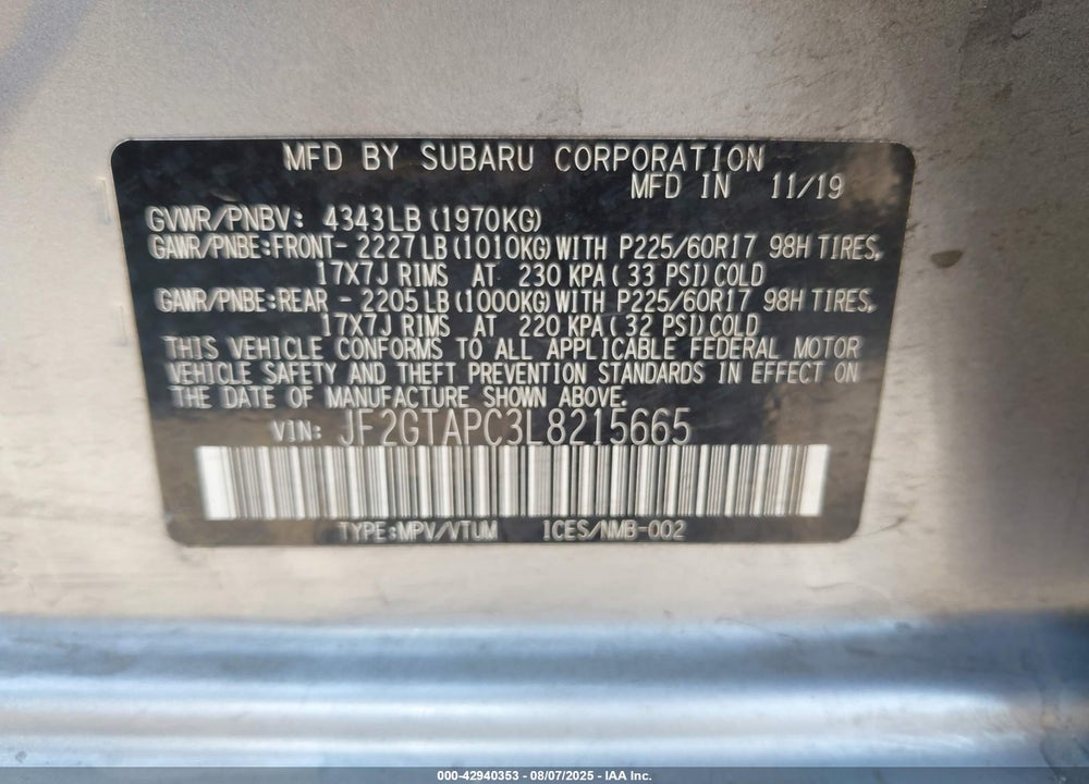 2020 SUBARU CROSSTREK VIN: JF2GTAPC3L8215665