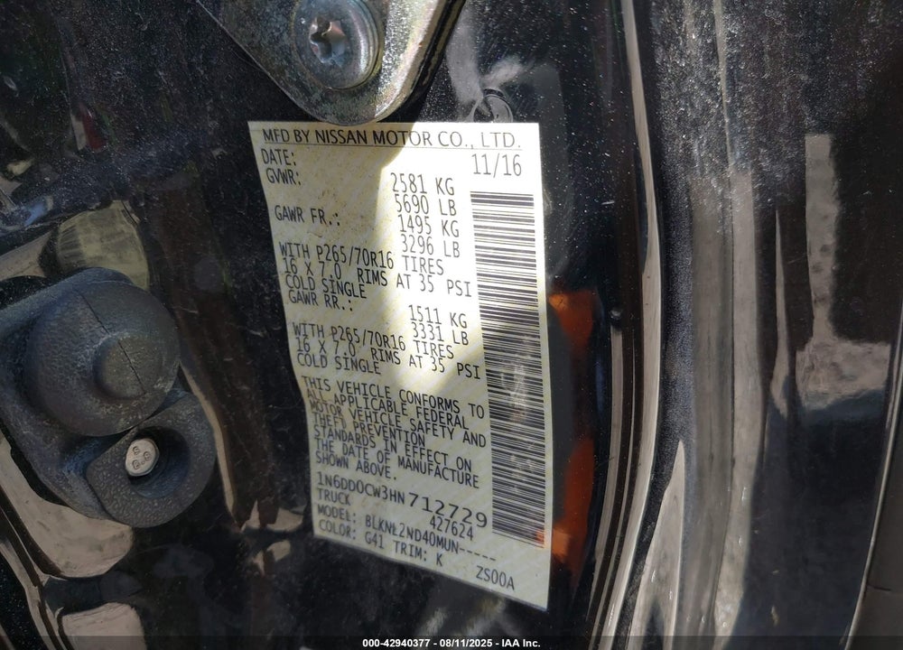 2017 NISSAN FRONTIER VIN: 1N6DD0CW3HN712729