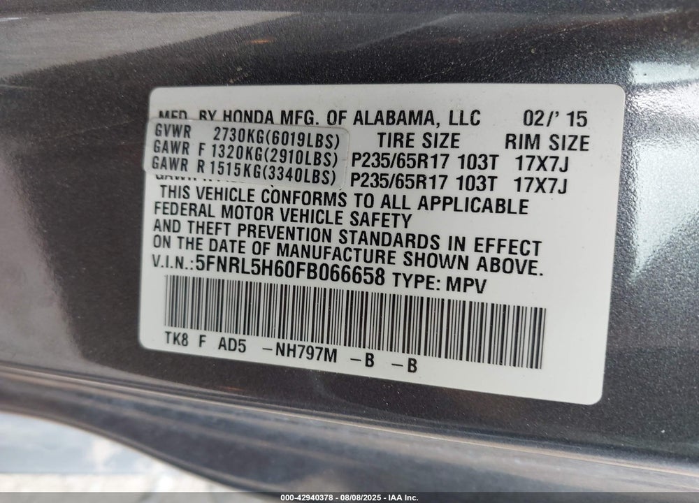 2015 HONDA ODYSSEY EX-L VIN: 5FNRL5H60FB066658
