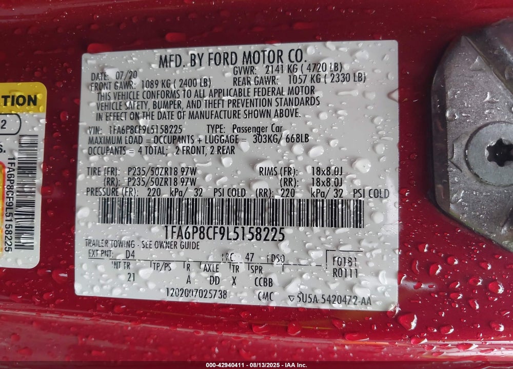2020 FORD MUSTANG VIN: 1FA6P8CF9L5158225