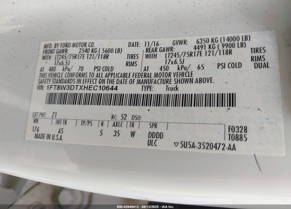 2017 FORD F-350 XL VIN: 1FT8W3DTXHEC10644