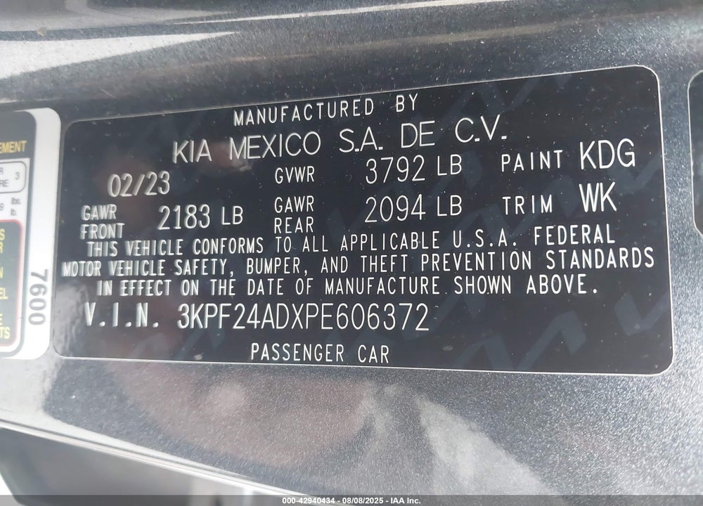2023 KIA FORTE LX VIN: 3KPF24ADXPE606372