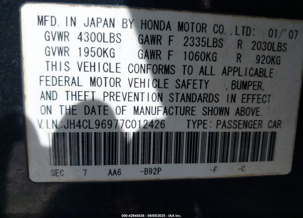 2007 ACURA TSX VIN: JH4CL96977C012426