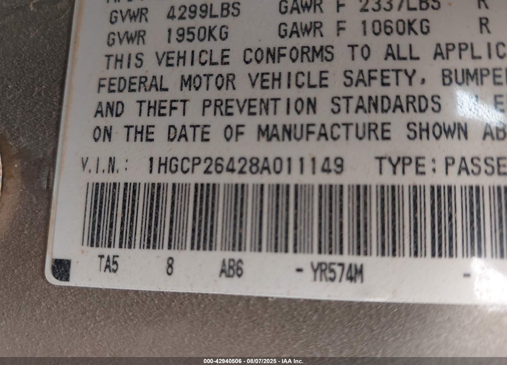 2008 HONDA ACCORD 2.4 LX-P VIN: 1HGCP26428A011149