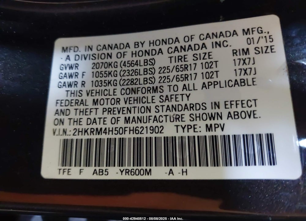 2015 HONDA CR-V VIN: 2HKRM4H50FH621902