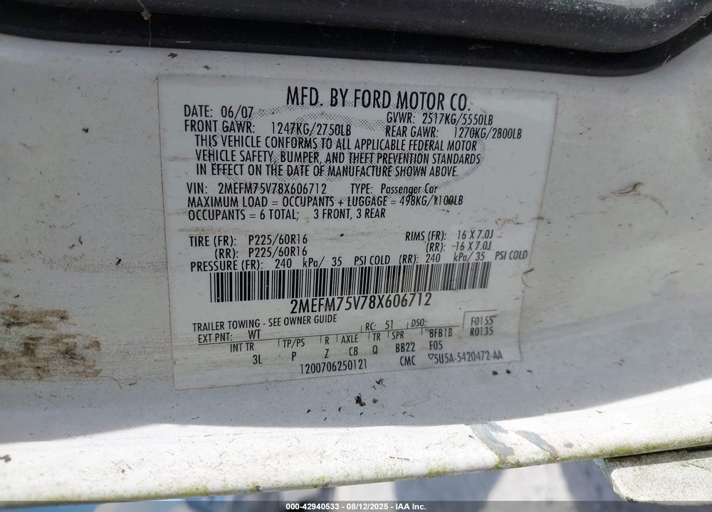 2008 MERCURY GRAND MARQUIS LS VIN: 2MEFM75V78X606712