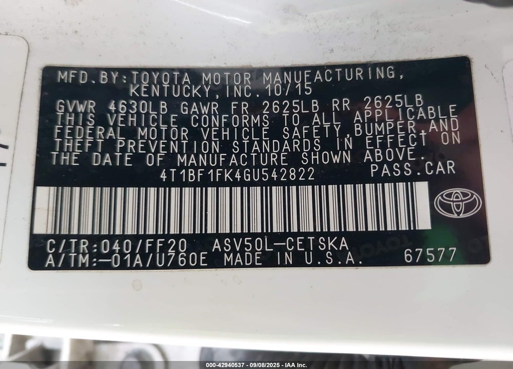 2016 TOYOTA CAMRY VIN: 4T1BF1FK4GU542822