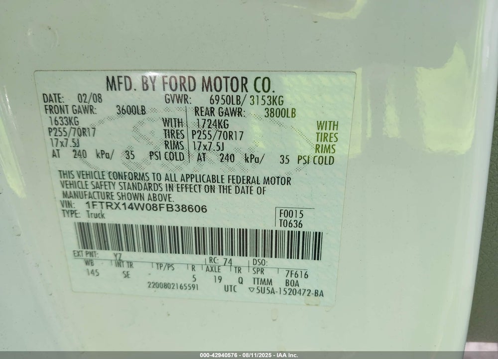 2008 FORD F-150 STX/XL/XLT VIN: 1FTRX14W08FB38606
