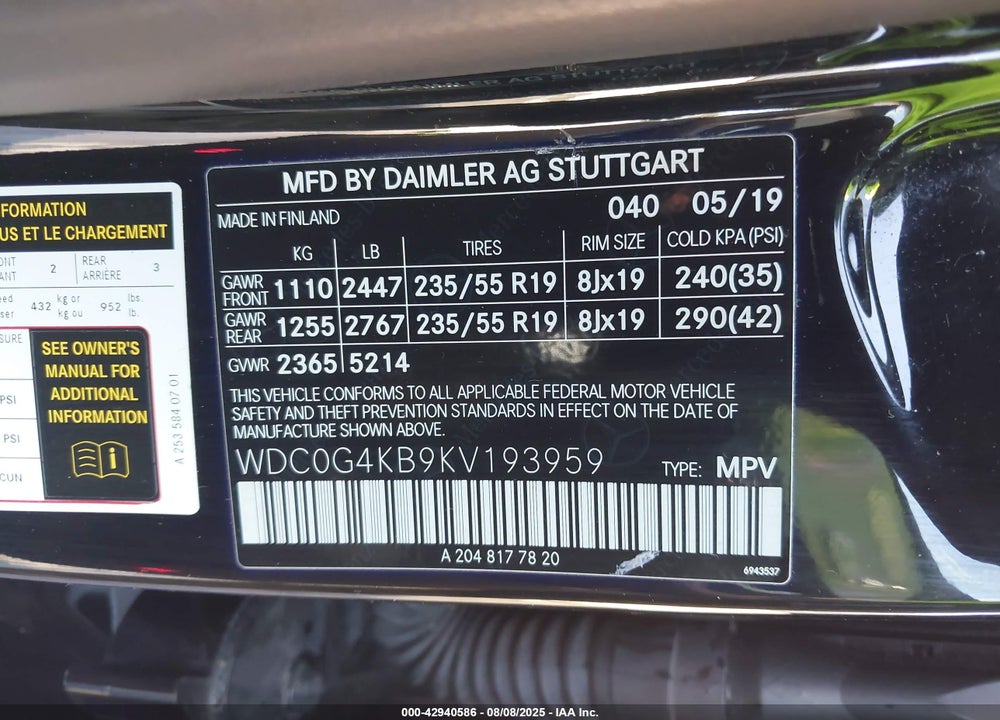 2019 MERCEDES-BENZ GLC CLASS VIN: WDC0G4KB9KV193959