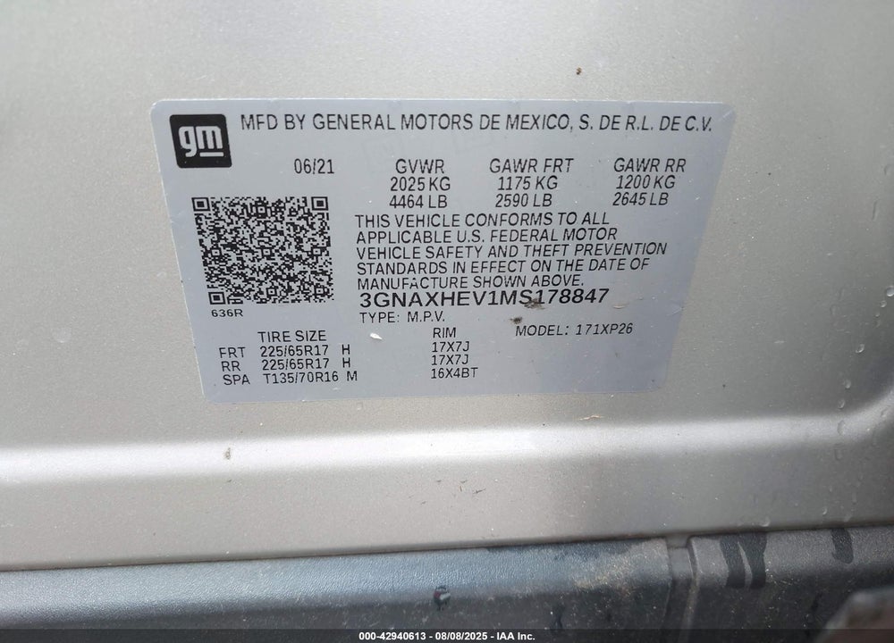 2021 CHEVROLET EQUINOX VIN: 3GNAXHEV1MS178847
