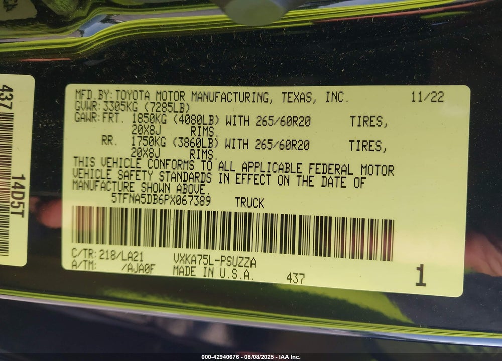 2023 TOYOTA TUNDRA PLATINUM VIN: 5TFNA5DB6PX067389