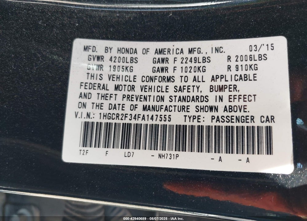 2015 HONDA ACCORD LX VIN: 1HGCR2F34FA147555