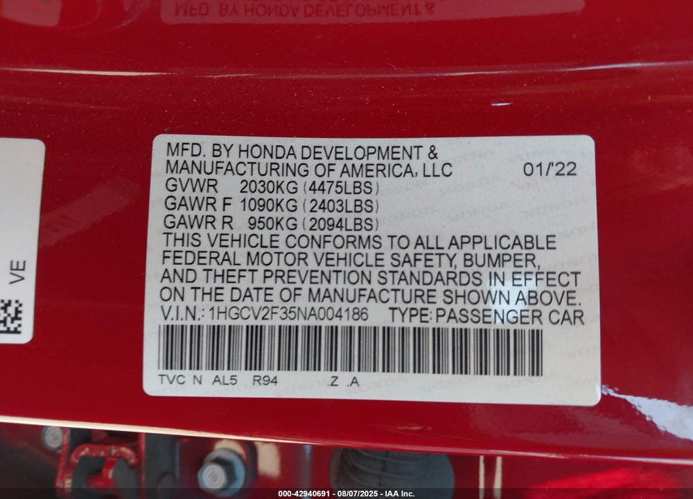 2022 HONDA ACCORD VIN: 1HGCV2F35NA004186