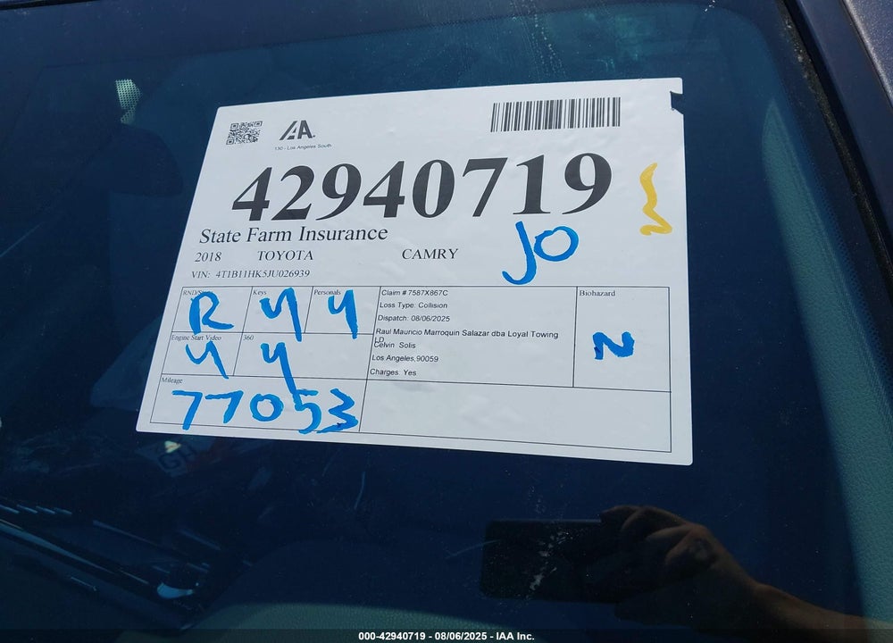 2018 TOYOTA CAMRY VIN: 4T1B11HK5JU026939