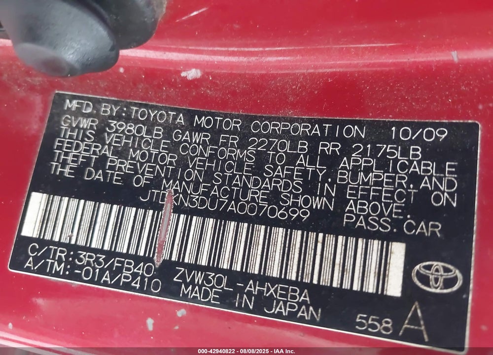 2010 TOYOTA PRIUS II VIN: JTDKN3DU7A0070699