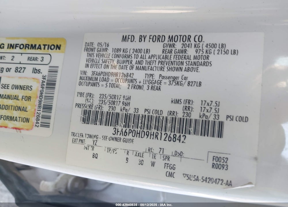 2017 FORD FUSION VIN: 3FA6P0HD9HR126842