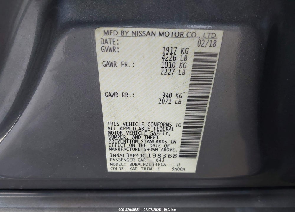 2018 NISSAN ALTIMA VIN: 1N4AL3AP4JC198368