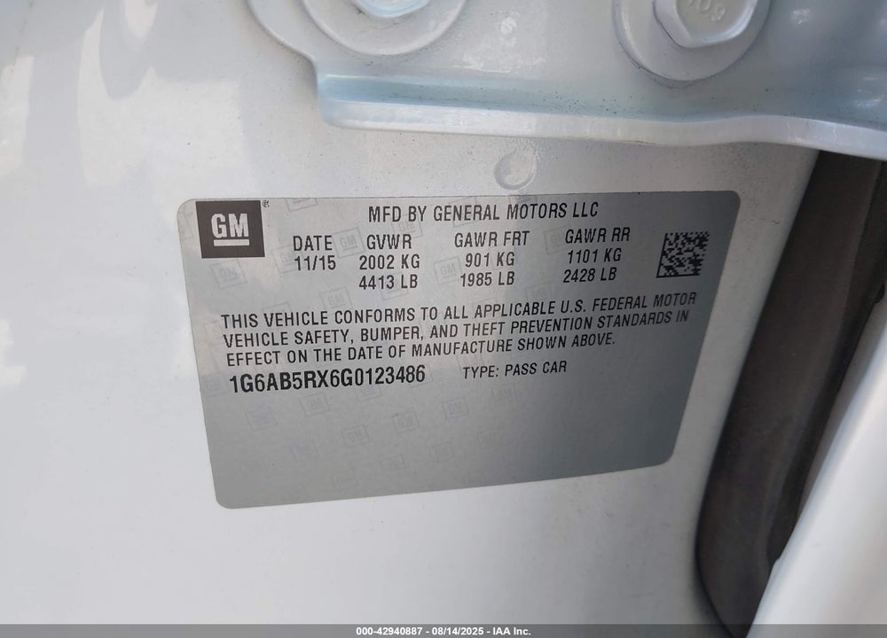 2016 CADILLAC ATS VIN: 1G6AB5RX6G0123486