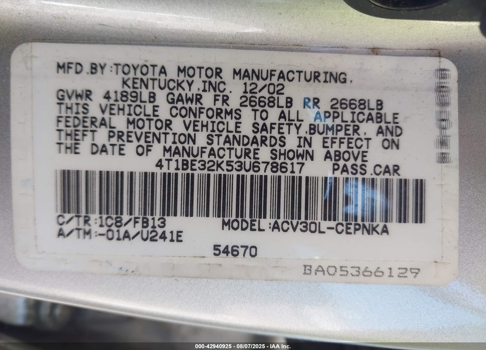 2003 TOYOTA CAMRY LE VIN: 4T1BE32K53U678617