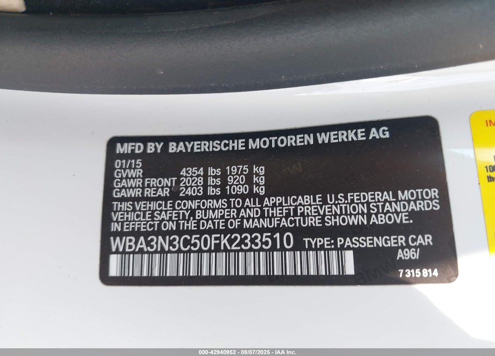 2015 BMW 4 SERIES VIN: WBA3N3C50FK233510