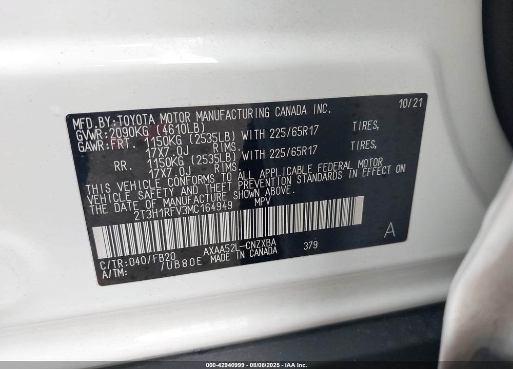 2021 TOYOTA RAV4 VIN: 2T3H1RFV3MC164949