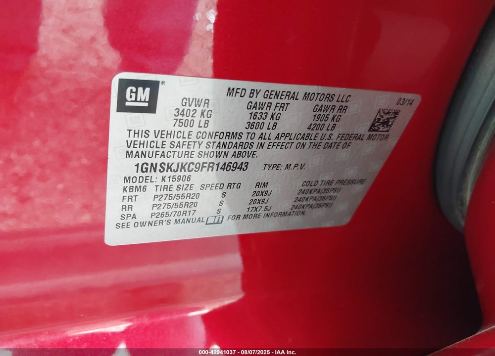 2015 CHEVROLET SUBURBAN 1500 LT VIN: 1GNSKJKC9FR146943